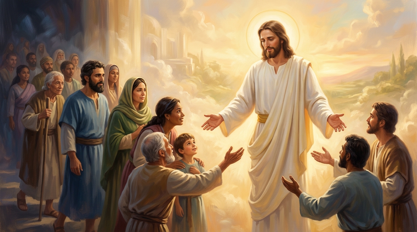 Jésus accueillant et bénissant les âmes avec amour et compassion