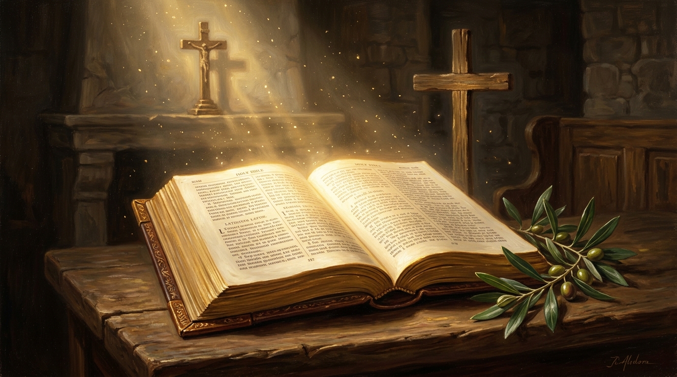 La sainte Bible ouverte rayonnante de lumière divine